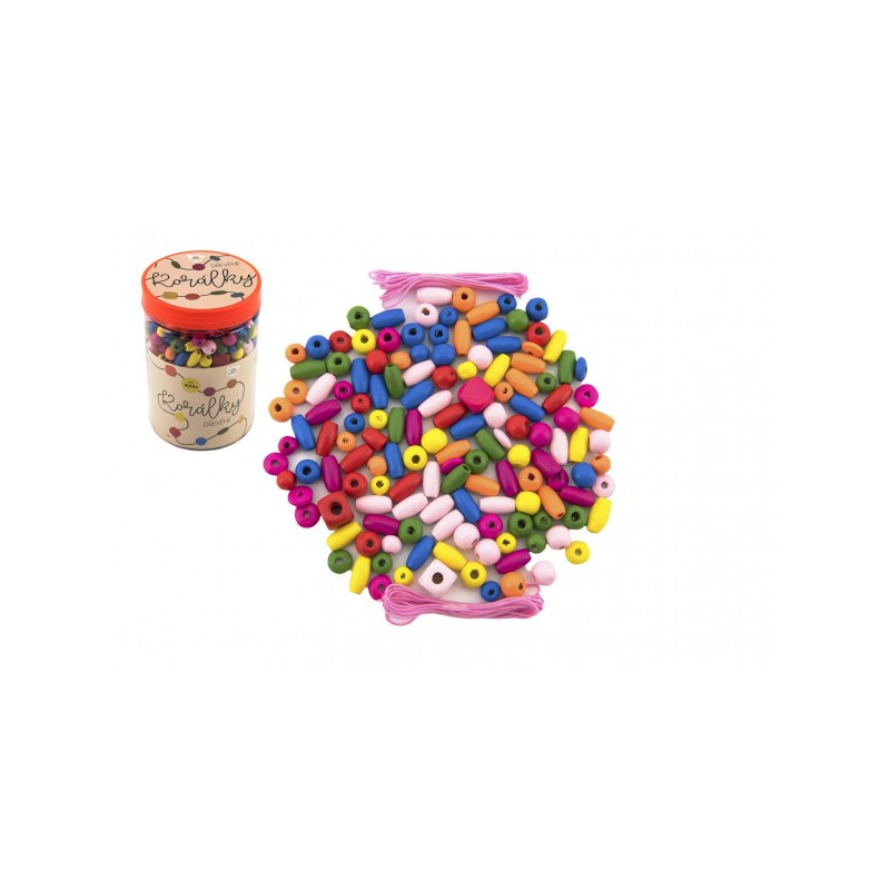 Teddies Korálky dřevěné barevné s gumičkami cca 900 ks v plastové dóze 9x13,5cm 00850248-XG
