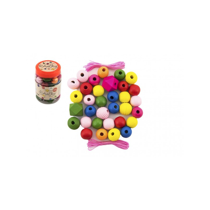 Teddies Korálky dřevěné barevné MAXI s gumičkami 54ks v malé plastové dóze 7x11cm 00850253-XG