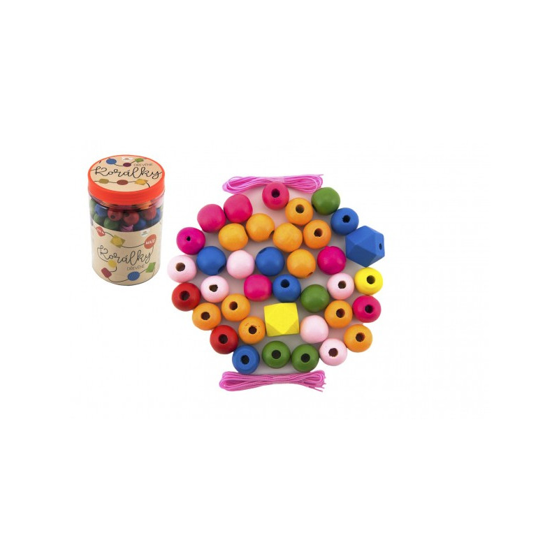 Teddies Korálky dřevěné barevné MAXI s gumičkami 106 ks v plastové dóze 9x13cm 00850254-XG