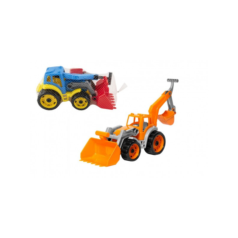 Teddies Traktor/nakladač/bagr se 2 lžícemi plast na volný chod 2 barvy v síťce 16x35x16cm 00880122-XG