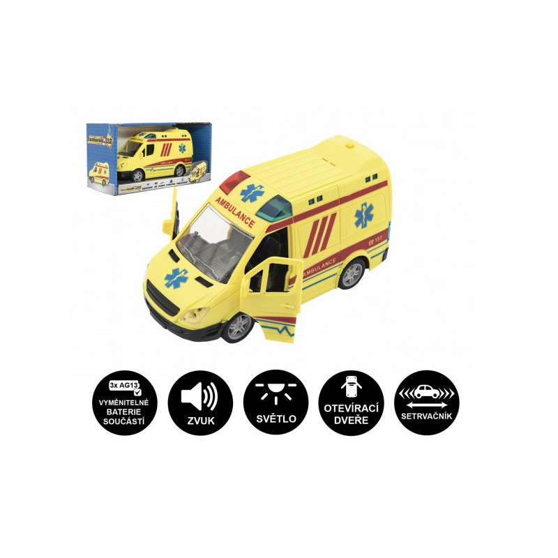 Teddies Auto ambulance plast 20cm na setrvačník na baterie se zvukem se světlem v krabici 26x15x12cm 00850255-XG