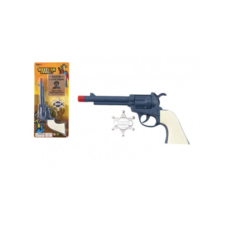 Teddies Pistole revolver klapací plast 23x12cm s šerifským odznakem na kartě 00850414-XG