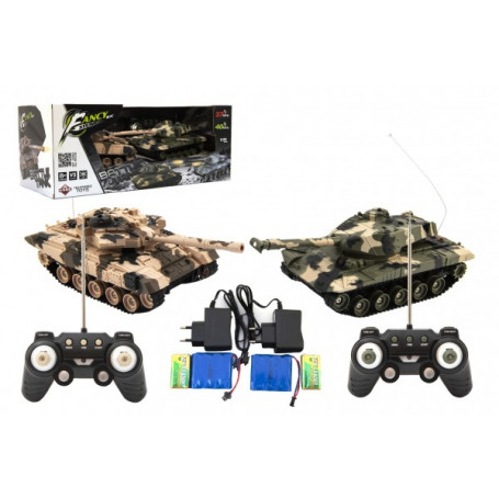 Tank RC 2ks 25cm tanková bitva+dob. pack 27MHZ a 40MHz maskáč se zvukem se světlem v kr. 50x20x23cm