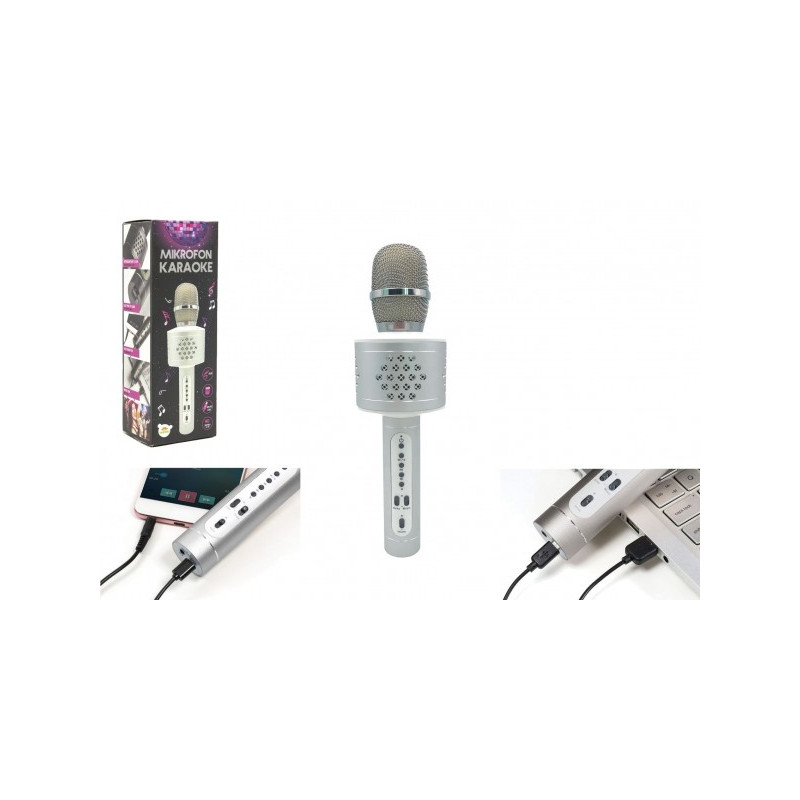 Teddies Mikrofon karaoke Bluetooth stříbrný na baterie s USB kabelem v krabici 10x28x8,5cm 00850438-XG