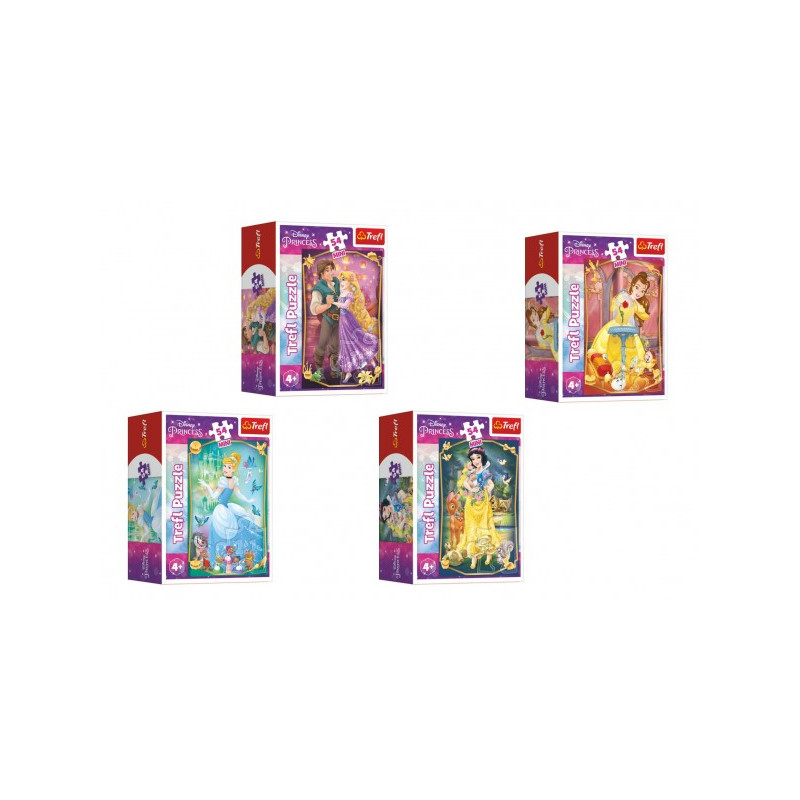 Trefl Minipuzzle Krásné princezny/Disney Princess 54dílků 4 druhy v krabičce 6x9x4cm 40ks v boxu 89054191-XG