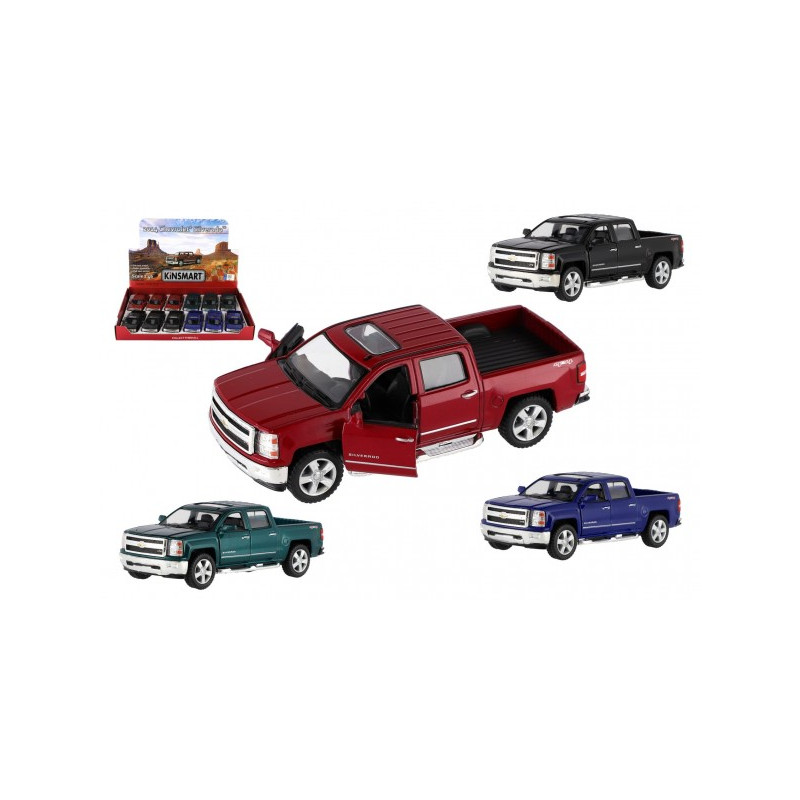 Teddies Auto Kinsmart Chevrolet 2014 Silverado kov/plast 13cm 4 barvy na zpětné natažení 12ks v boxu 00410547-XG