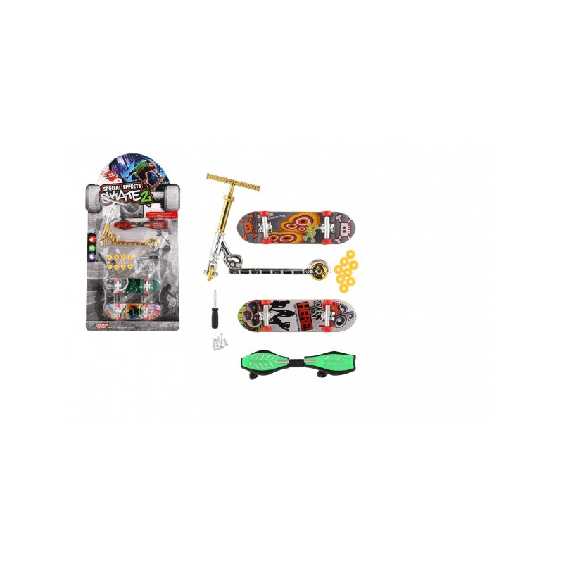 Teddies Sada skateboard šroubovací, koloběžka prstová, waveboard plast s doplňky mix druhů na kartě 16x30cm 00861008-XG