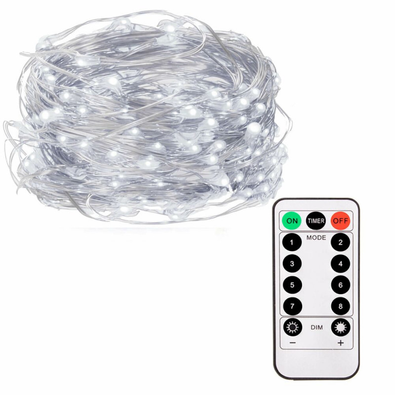 SPRINGOS LED řetěz Nano - 10m, 100LED, 8 funkcí, ovladač, 3xAA, IP44, studená bílá CL0102-XG