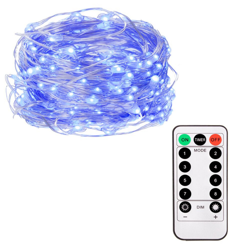 SPRINGOS LED řetěz Nano - 10m, 100LED, 8 funkcí, ovladač, 3xAA, IP44, modrá CL0103-XG