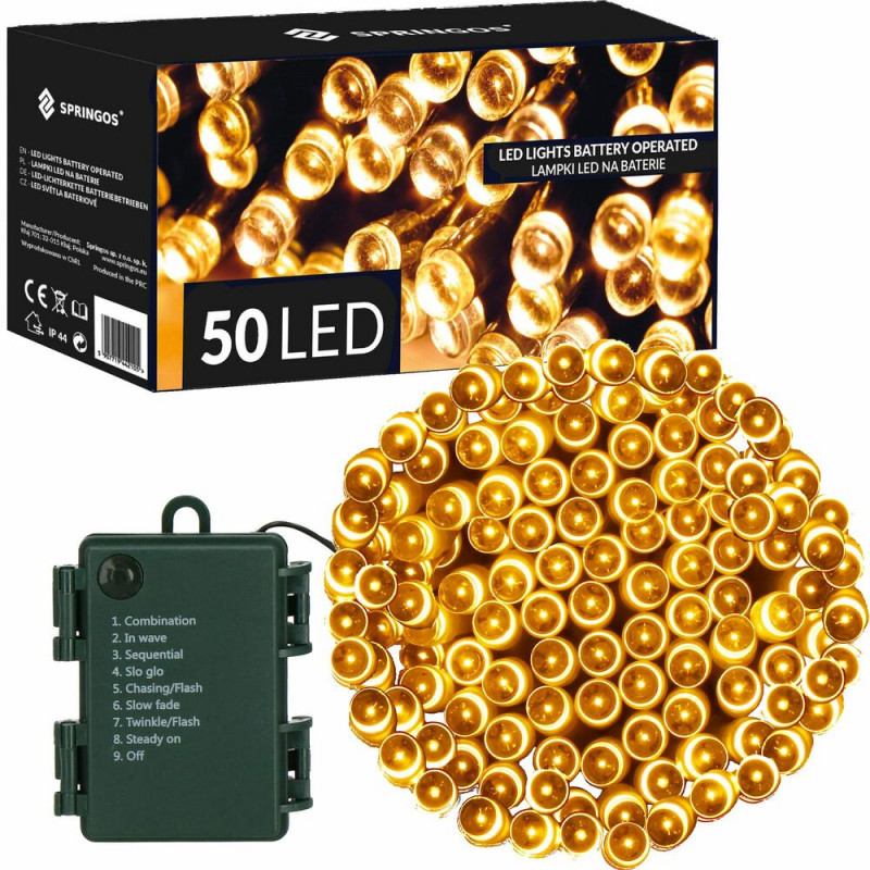 SPRINGOS LED světelný řetěz - 5m, 50LED, 8 funkcí, 3xAA, IP44, teplá bílá CL4027-XG