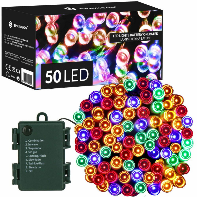 SPRINGOS LED světelný řetěz - 5m, 50LED, 8 funkcí, 3xAA, IP44, multicolor CL4029-XG