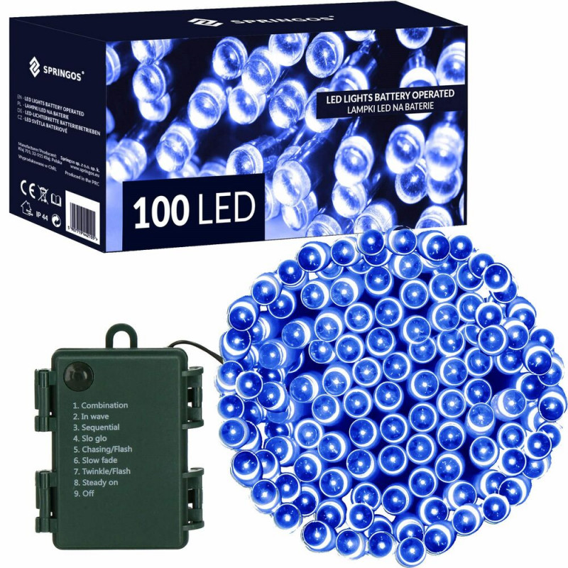 SPRINGOS LED světelný řetěz - 10m, 100LED, 8 funkcí, 3xAA, IP44, modrá CL4033-XG