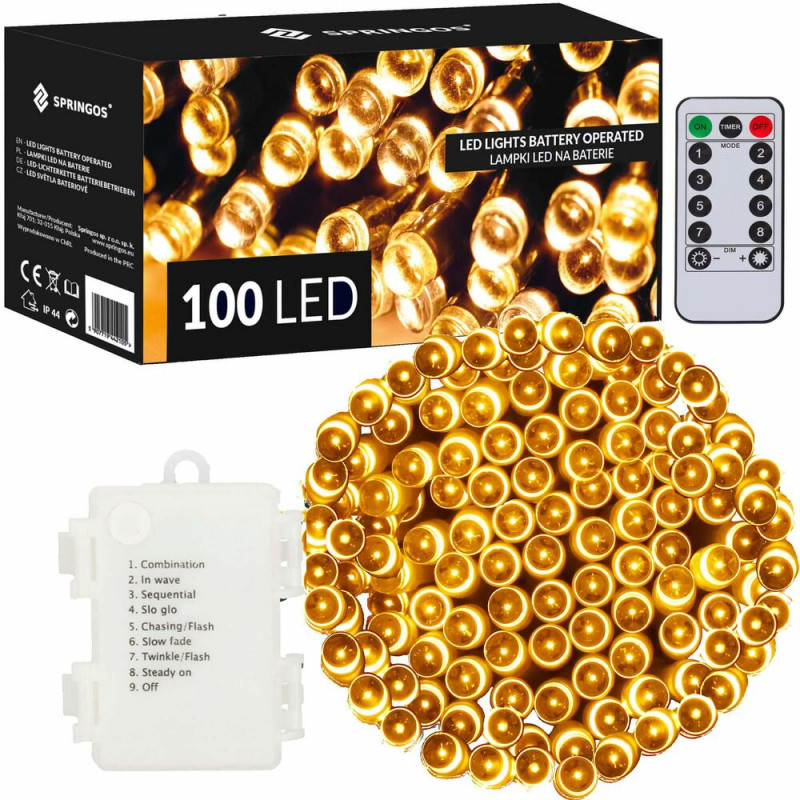 SPRINGOS LED světelný řetěz - 10m, 100LED, 8 funkcí, ovladač, 3xAA, IP44, teplá bílá CL4034-XG