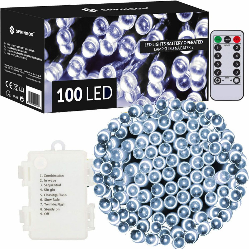 SPRINGOS LED světelný řetěz - 10m, 100LED, 8 funkcí, ovladač, 3xAA, IP44, studená bílá CL4035-XG