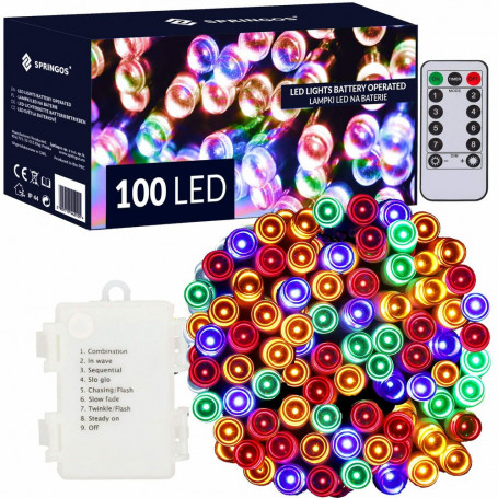 LED světelný řetěz - 10m, 100LED, 8 funkcí, ovladač, 3xAA, IP44, multicolor