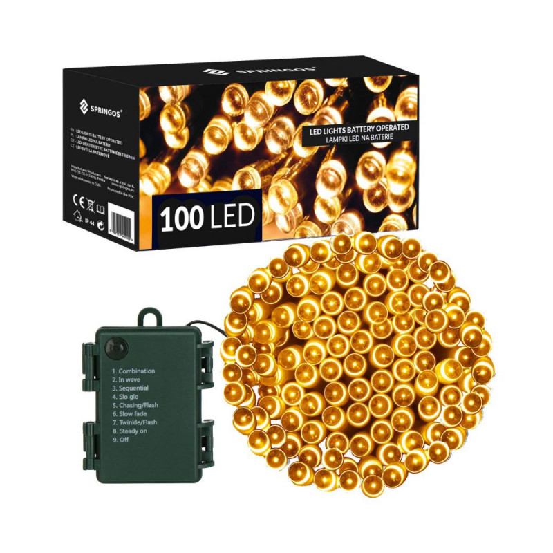 SPRINGOS LED světelný řetěz - 10m, 100LED, 8 funkcí, 3xAA, IP44, teplá bílá CL4030-XG