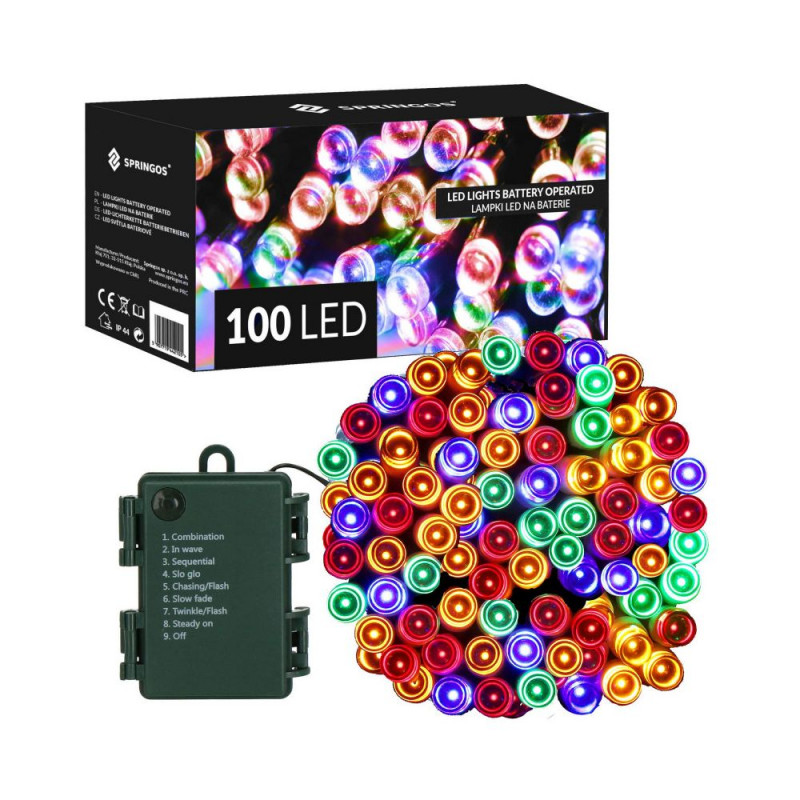 SPRINGOS LED světelný řetěz - 10m, 100LED, 8 funkcí, 3xAA, IP44, multicolor CL4032-XG