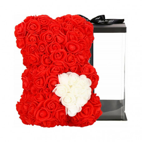 Medvídek z růží 30 cm, červený s bílým srdcem SPRINGOS ROSE BEAR