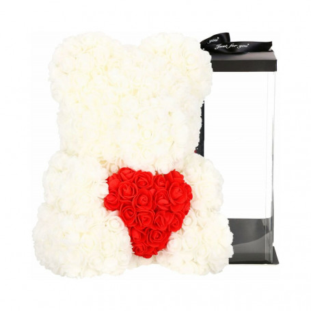 Medvídek z růží 40 cm, bílý s červeným srdcem SPRINGOS ROSE BEAR
