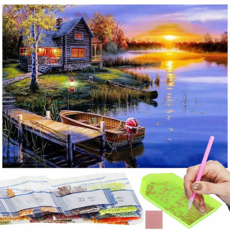 Diamantové malování 40x30 cm, Chata u vody Springos ART