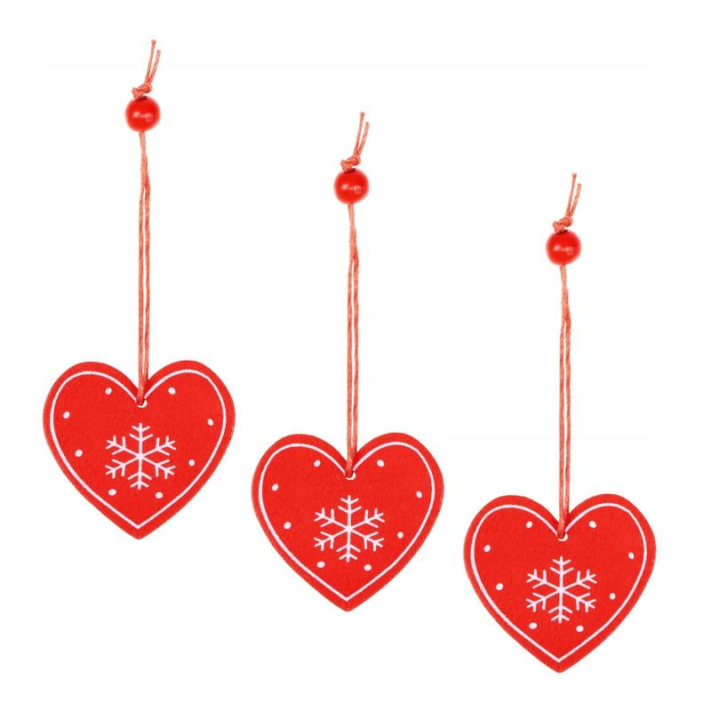 SPRINGOS Vánoční ozdoba dřevěná Srdíčko s vločkou červená 4,8 cm, 3 ks CA0652