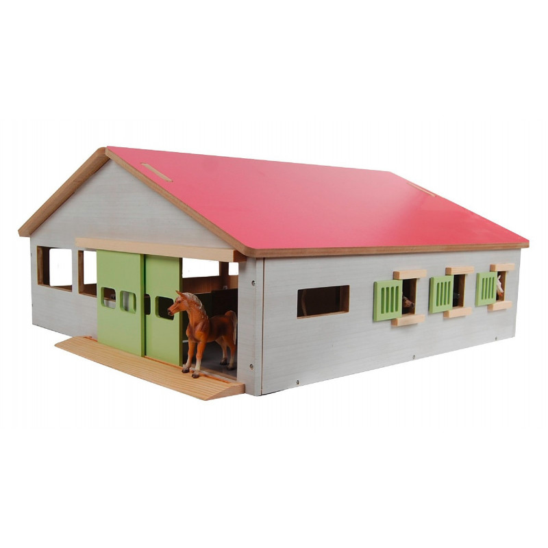 Kids Globe Stáj pro koně se 3 boxy a vnitřní jízdárnou, s růžovou střechou 1:32 12460D