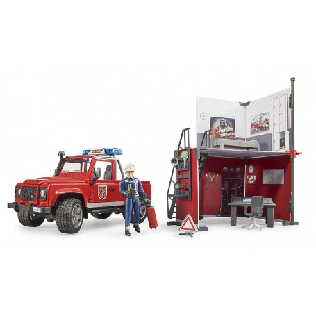 Hasičská stanice s autem Land Rover Defender a hasičem 1:16 62701
