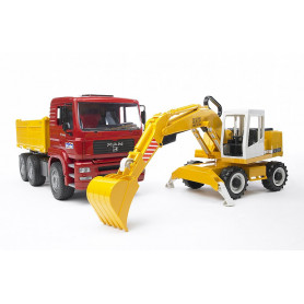 Nákladní automobil MAN TGA s vyklápěcí korbou a s bagrem Liebherr 1:16 02751