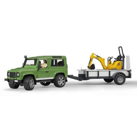 Terénní auto Land Rover Defender Station Wagon s přívěsem, mikrorypadlem JCB 8010 CTS a stavebním dělníkem 1:16 02593