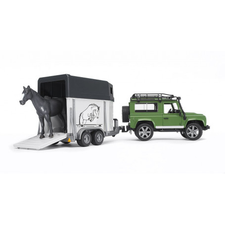 Terénní auto Land Rover Defender Station Wagon s přívěsem pro přepravu koní a koníkem 1:16 02592