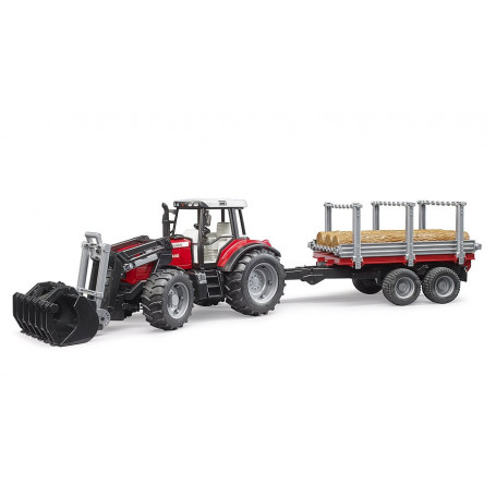 Traktor Massey Ferguson s předním nakladačem, přívěsem na převoz dřeva a 3 kmeny stromů 1:16 02046