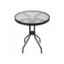 Eleganní zahradní stolek o průměru 60 cm, vhodný pro 2 osoby. Stabilní kovová konstrukce, skleněná deska z tvrzeného skla. Kompaktní rozměry, perfektní do malých prostor, na balkóny nebo jako odkládací stolek.