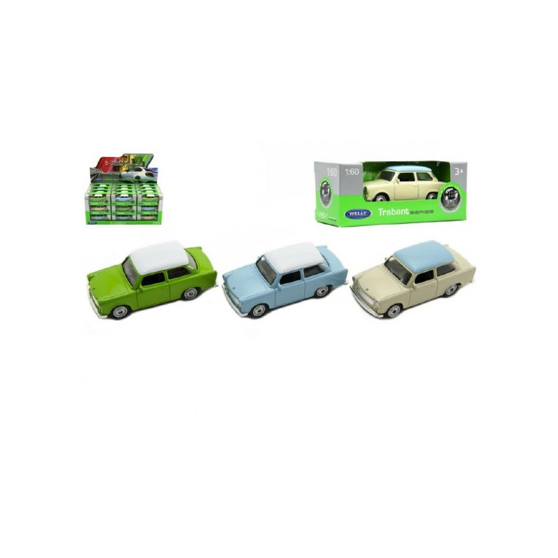 Teddies Auto Welly Trabant 1:60 kov 7cm mix barev volný chod v krabičce 36ks v boxu 00542199-XG