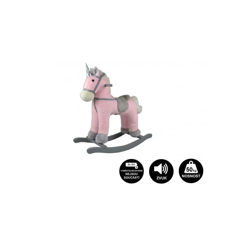 Teddies Kůň houpací růžový jednorožec plyš na bat. 71cm se zvukem a pohybem nosnost 50kg v krab. 62x56x19cm 00516106-XG