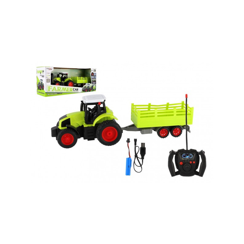 Teddies Traktor RC s vlekem plast 38cm 27MHz + dobíjecí pack na baterie v krabici 45x19x13cm 00850695-XG