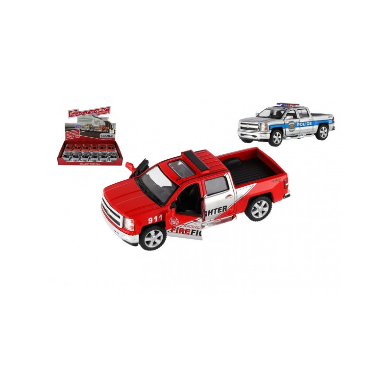 Teddies Auto Kinsmart Chevrolet 2014 Silverado Policie/Hasič kov/plast 13cm na zpětné nat. 2 barvy 12ks box 00410548-XG