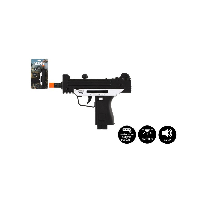 Teddies Pistole samopal plast ARMY 17,5cm na baterie se zvukem se světlem černá na kartě 00850041-XG
