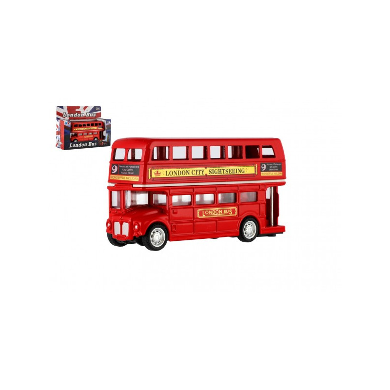 Teddies Autobus "Londýn" červený patrový kov/plast 12cm na zpětné natažení v krabičce 17x13,5x6cm 00861215-XG