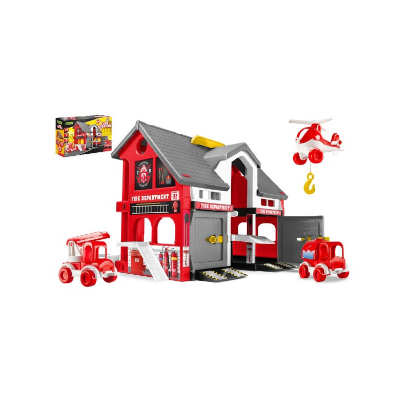 WADER Play House - Požární stanice plast + 2ks aut + 1ks helikoptéra v krabici 59x39x15cm 89125410-XG