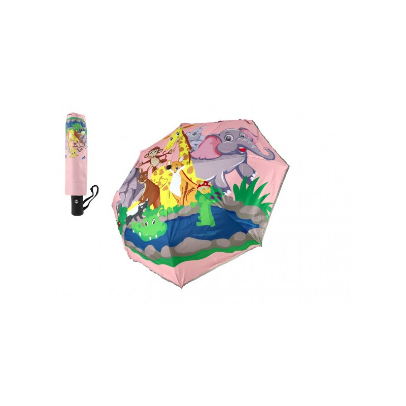 Teddies Deštník Zvířátka skládací vystřelovací látka/kov 28cm růžový v sáčku 00861236-XG