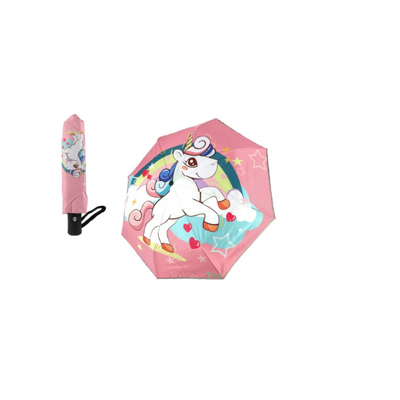 Teddies Deštník Jednorožec skládací vystřelovací látka/kov 28cm růžový v sáčku 00861237-XG