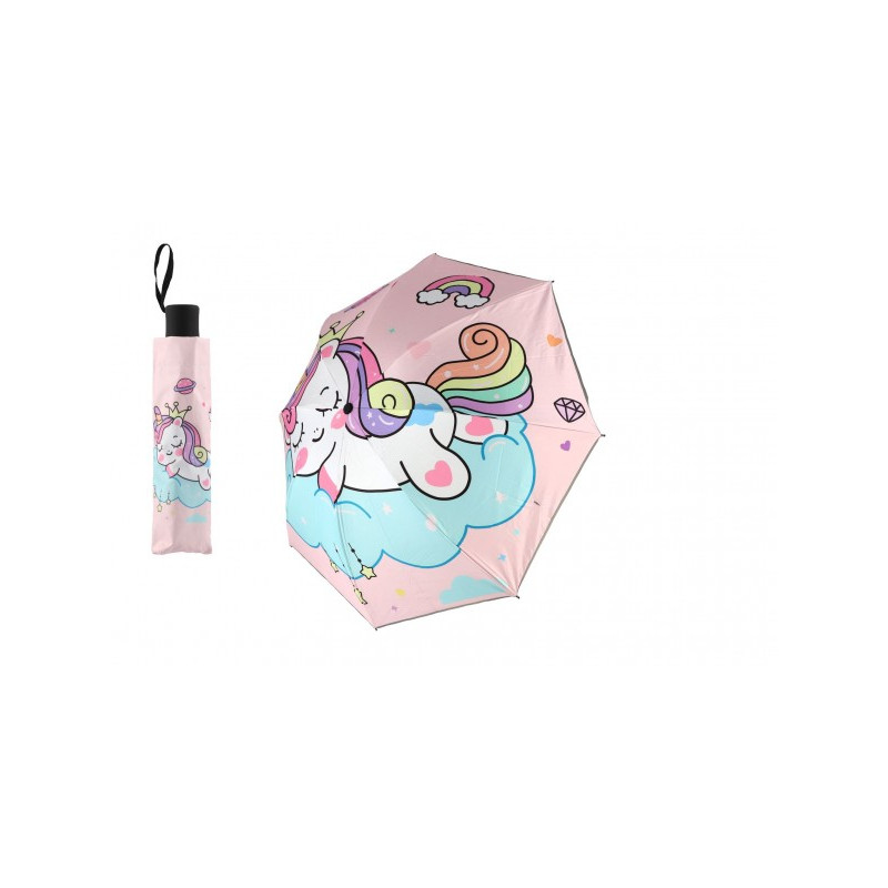 Teddies Deštník Jednorožec skládací látka/kov 25cm růžový v sáčku 00861515-XG