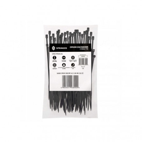 Plastové stahovací pásky 200x4,8 mm, 100ks, černé SPRINGOS SA0009
