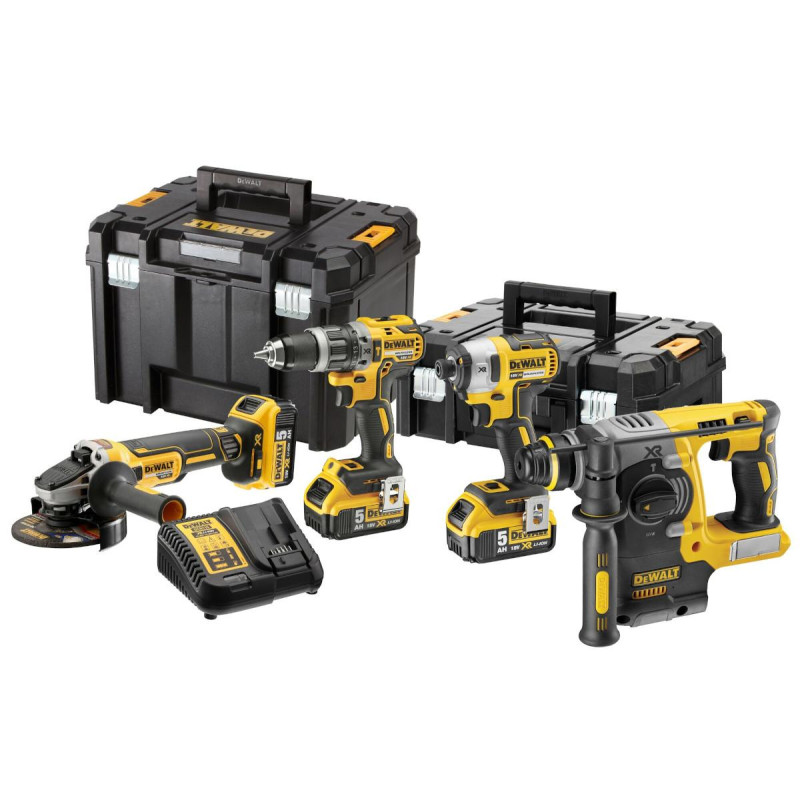 DeWalt Aku KOMBO sada vrtačky DCD796, rázového utahováku DCF887, kombi kladiva DCH273 a úhlové brusky DCG405 18 V XR 3x 5,0 Ah DCK422P3