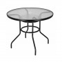 Eleganní zahradní stolek o průměru 90 cm, vhodný pro 4 osoby. Stabilní kovová konstrukce, skleněná deska z tvrzeného skla. Kompaktní rozměry, perfektní na terasy, zahrady nebo jako odkládací stolek.