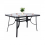 Elegantní zahradní stůl s rozměry 120x70 cm, vhodný pro 4-6 osob. Stabilní kovová konstrukce, 5 mm bezpečností sklo, středový otvor pro slunečník, nosnost 120 kg.