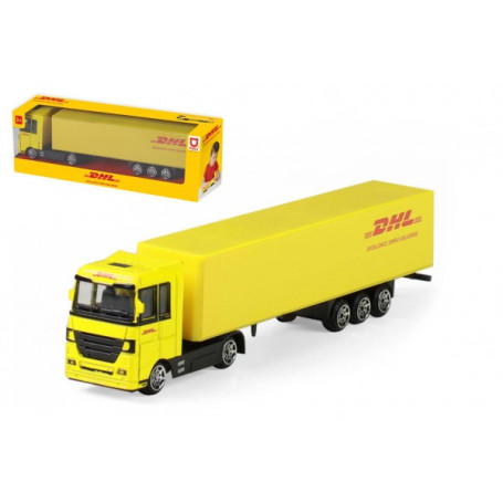 Auto kamion s návěsem DHL plast 19cm na volný chod v krabičce 20x6x4cm