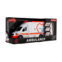 Auto ambulance plast 28cm s lehátkem na setrvačník se světlem se zvukem v krabici 39x18x12cm