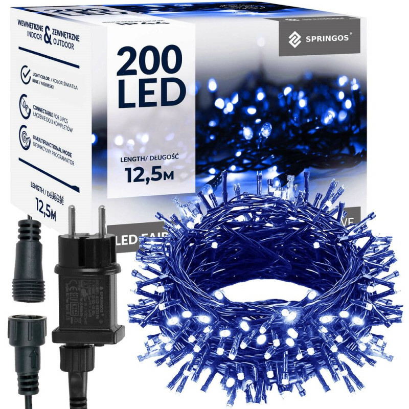 SPRINGOS LED světelný řetěz - 12,5m, 200LED, 8 funkcí, paměť, IP44, modrá CL4076-XG