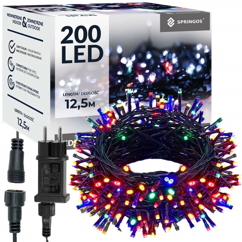 SPRINGOS LED světelný řetěz - 12,5m, 200LED, 8 funkcí, paměť, IP44, multicolor CL4077-XG